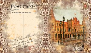 Lampposts by the palace framed with a floral stencil on a vintage postcard