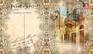 Shabby facade in an old town framed with a floral stencil on a vintage postcard