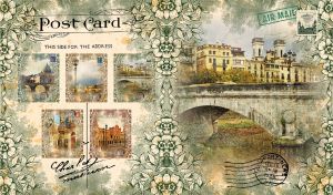 Stone bridge and buildings framed with a floral stencil on a vintage postcard