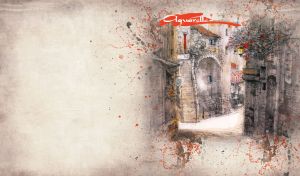 Watercolor painting of a street corner in an old town on pastel beige parchment