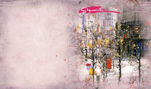 Watercolor painting of fall trees along the city street on pastel pink parchment