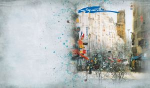 Watercolor painting of a French downtown on pastel blue parchment