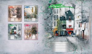 Watercolor painting of a car parked outside a chip shop on pastel grey parchment