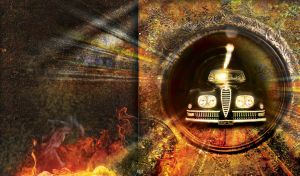 Black retro car exits a secret tunnel against an orange-yellow wall