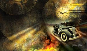 Black retro car on a highway in a steampunk abstraction of dark grey gears