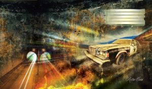 Black and white sheriff's retro car in ambush on an abstract stonewall