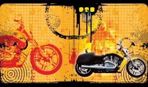 Black and yellow bike with a leather seat on an orange background with ink bolts