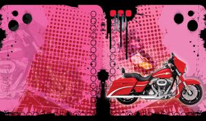 Red bike with a black leather seat on a pink background with ink bolts