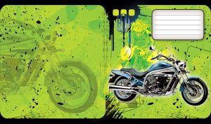 Chrome blue bike with a leather seat on a lime green background with ink bolts