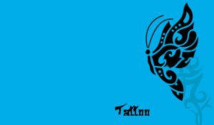 A butterfly blackwork tattoo against a vibrant vivid cerulean blue background