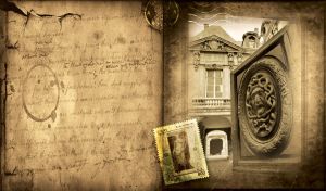 The head of Medusa carving in Paris vintage photo in a tan sepia old photo album