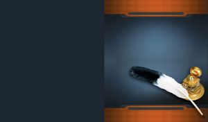Black and white quill and a golden inkwell on black desk mat on an ash wood desk