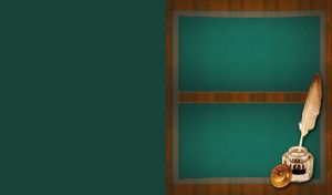 Ocher and white quill in a glass inkwell on a dark green desk mat on a teak desk