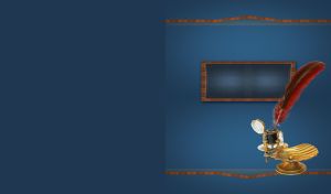 Maroon quill in a golden inkwell on a textured navy desk mat on a teak desk