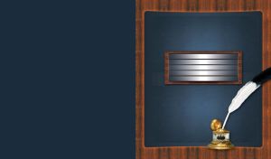 Black-and-white quill in a golden inkwell on a dark grey desk mat on a maple desk