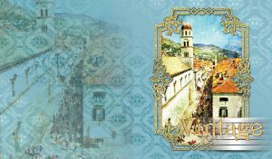 Historic downtown in a decorative frame on a pastel teal background