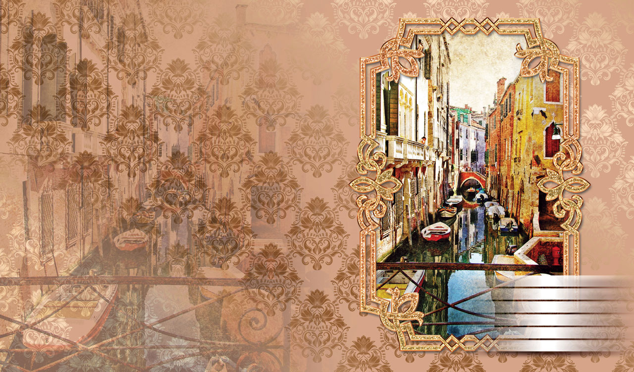 Venice canal boats in a decorative frame on a pastel brown background