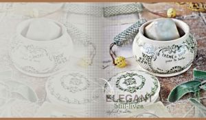 Porcelain soap jar and macrame accessories a rock tile surface