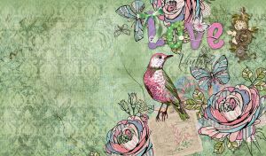 A pink bird with a letter on a vintage light green boho tapestry background
