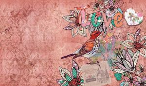 A bright bird with a letter on a vintage light red boho tapestry background