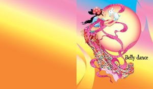 Oriental female in a long skirt with a rabbit in hands on a colored gradient