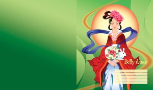 Oriental female in kimono, keeping a rabbit on her lap on a green gradient