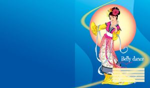 Oriental female in a long colorful dress on a blue gradient