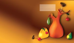 Still life on a yellow brown gradient with cherries and pear and two modern pots