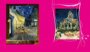 Oil paintings, Church at Auvers and Cafe Terrace at Night, on magenta