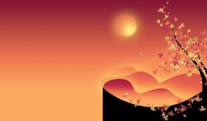 Autumn landscape with yellow and purple leaves on a black tree on orange