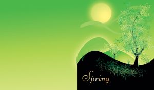 Spring landscape with green leaves on a black tree on light green