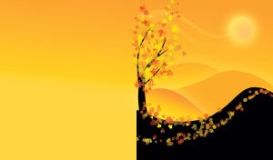 Summer landscape with yellow and red leaves on a black tree on yellow