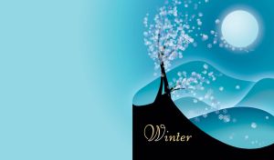 Winter landscape with white snowflakes on a black tree on light blue