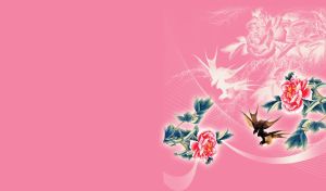 Couple of swallows flying around red flowers with teal leaves on pink