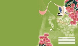 Blue tit flying around pink flowers with dark green leaves on light green