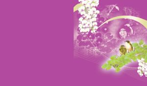 Two birds sitting on a green branch with white flowers on purple