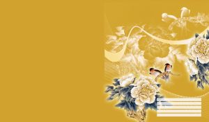 Couple of swallows sitting on branch with white flowers and blue leaves on ocher