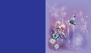 White woodland and two butterflies flying around spring flowers on light purple