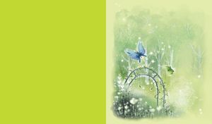 White woodland and two butterflies flying around a garden arch on light lime