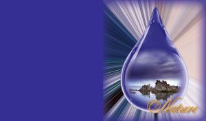 Water drop shaped miniature of a rocky island with clouds on a navy background