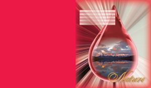 Water drop shaped miniature of an evening mountain lake with snowy peaks on red