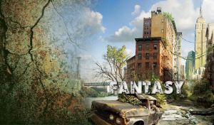 Rusty crashed car in post-apocalyptic NYC against brick buildings and skyscrapers