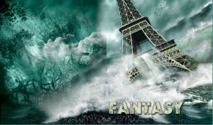 Tsunami approaching the Eiffel Tower and birds flying away into ominous teal sky