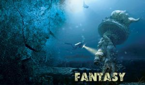 The sunken torch of the Statue of Liberty at the bottom of the dark blue ocean