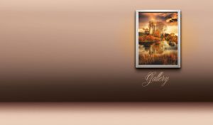 Gazebo in the golden autumn trees by the lake and the sky reflects in the water