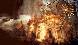 Moody exteriors of a chapel with textured sepia overlay and a gold pendant.