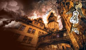 Moody medieval architecture with enclosed bridge and steampunk key in sepia.