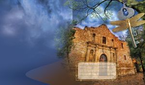 Stone facade of an old medieval church with cloudy blue sky, key and copy space.