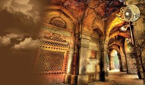 Stone arcade of a medieval religious building with steampunk key and brown sky.