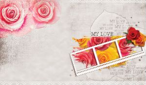 Romantic postcard concept composition of red and yellow roses, film and stencils